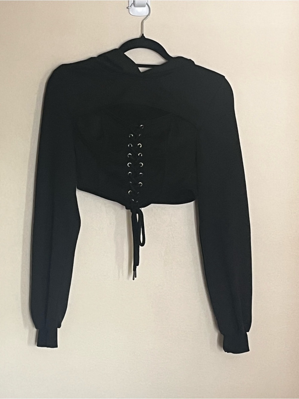 Black Lace Up Cropped Sweat Shirt size S